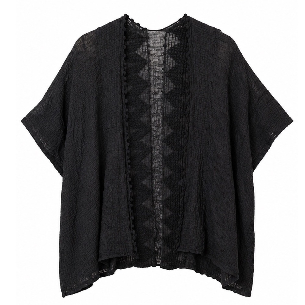 Black Textured Gauze Kimono Cardigan Pom Pom Trim Sheer Back Wrap One Size